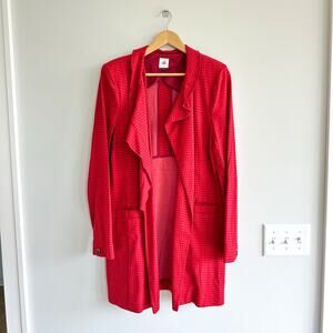 Cabi Houndstooth Ruffle Trim Mid Length Celebration Coat Red L